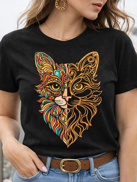 Artistic Cat Face Graphic Print Black T-Shirt