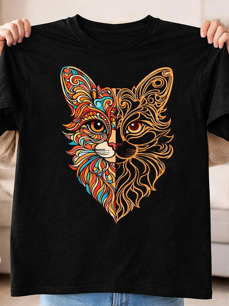 Artistic Cat Face Graphic Print Black T-Shirt