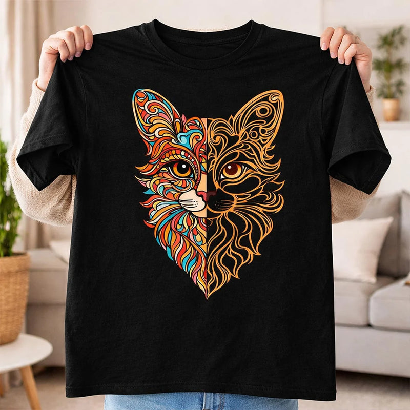 Artistic Cat Face Graphic Print Black T-Shirt