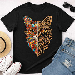 Artistic Cat Face Graphic Print Black T-Shirt