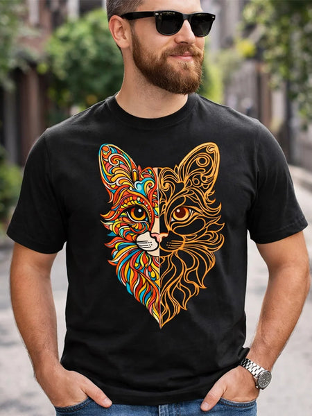 Artistic Cat Face Graphic Print Black T-Shirt