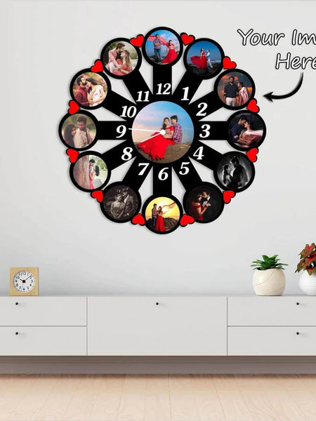 Couple Rounded Wooden Photo Wall Clock