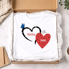 Personalized Couple Heart Print White T-Shirt