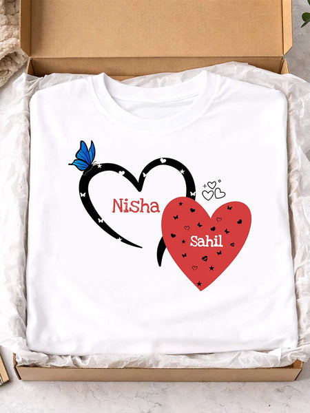 Personalized Couple Heart Print White T-Shirt