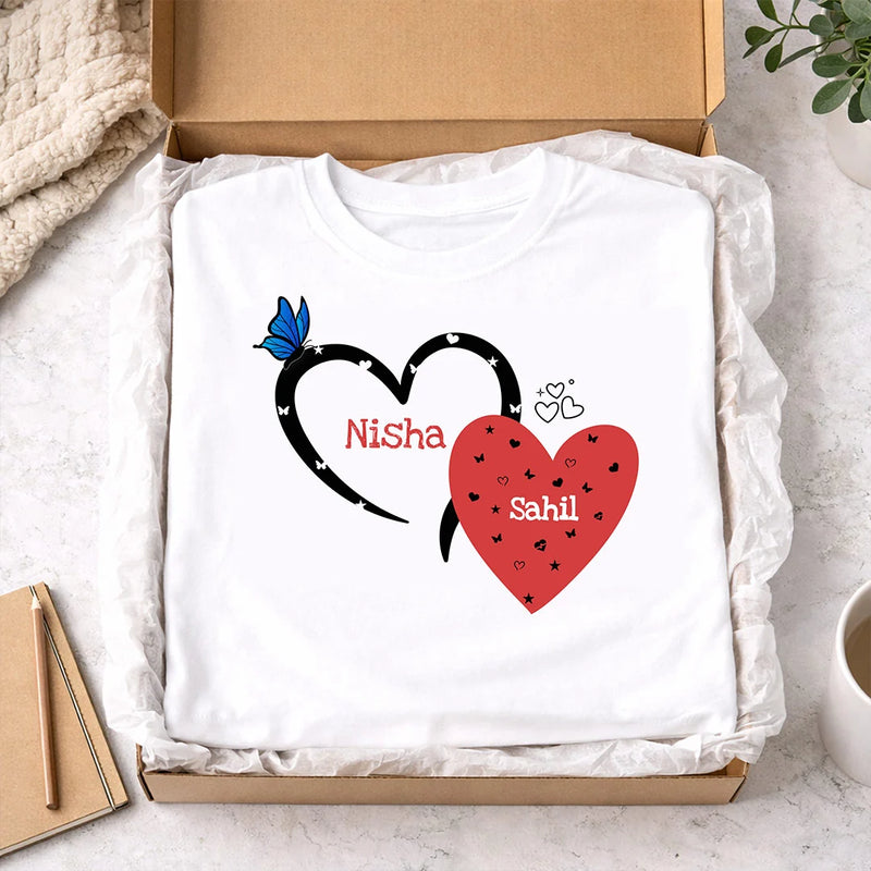 Personalized Couple Heart Print White T-Shirt