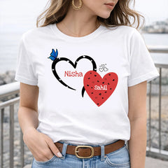 Personalized Couple Heart Print White T-Shirt