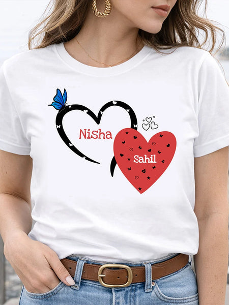 Personalized Couple Heart Print White T-Shirt