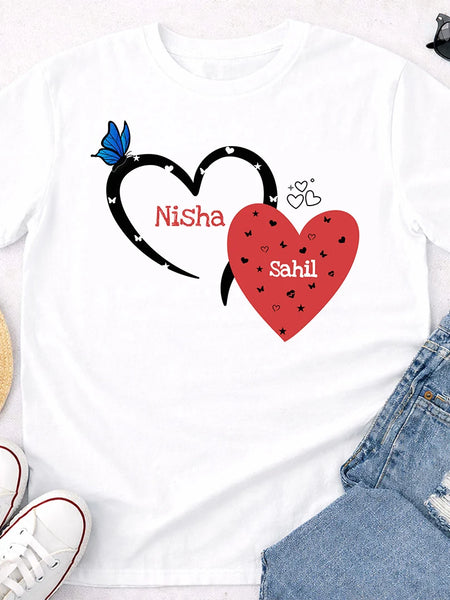 Personalized Couple Heart Print White T-Shirt