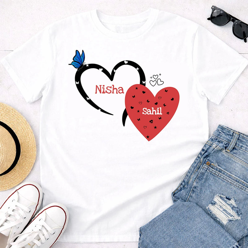 Personalized Couple Heart Print White T-Shirt