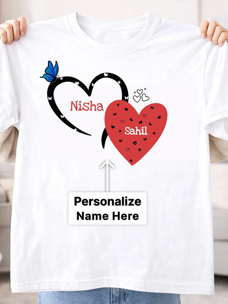Personalized Couple Heart Print White T-Shirt
