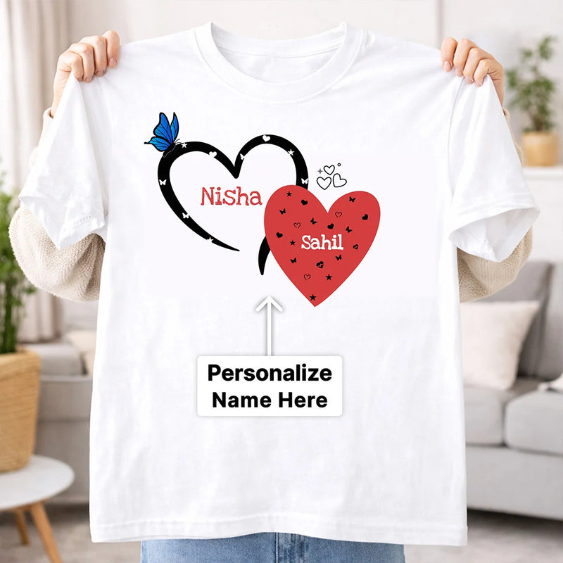 Personalized Couple Heart Print White T-Shirt