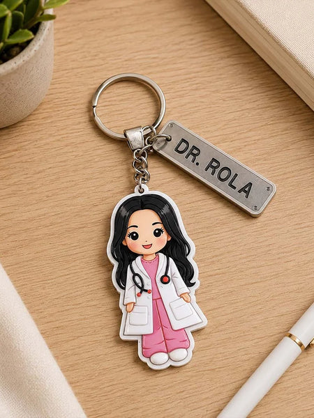 Personalized Doctor Cartoon Acrylic Keychain 2x3 Inch | Custom Name Keyring Gift for Doctors