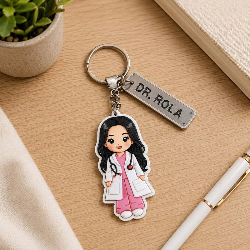 Personalized Doctor Cartoon Acrylic Keychain 2x3 Inch | Custom Name Keyring Gift for Doctors