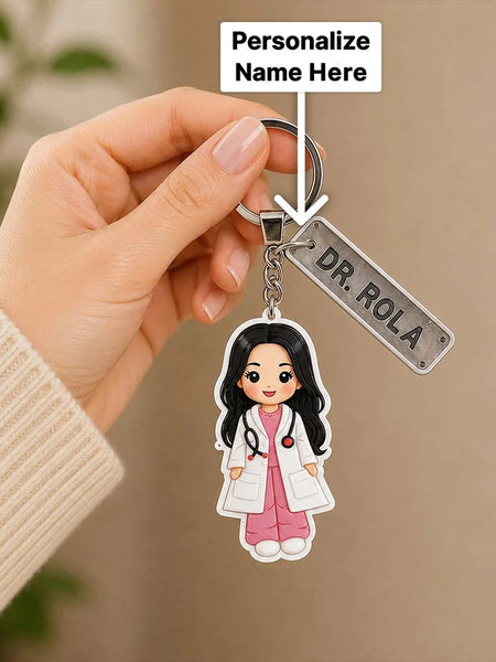 Personalized Doctor Cartoon Acrylic Keychain 2x3 Inch | Custom Name Keyring Gift for Doctors
