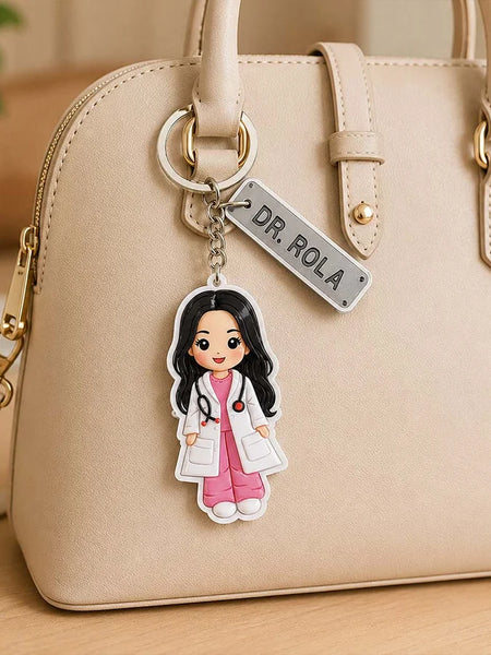 Personalized Doctor Cartoon Acrylic Keychain 2x3 Inch | Custom Name Keyring Gift for Doctors