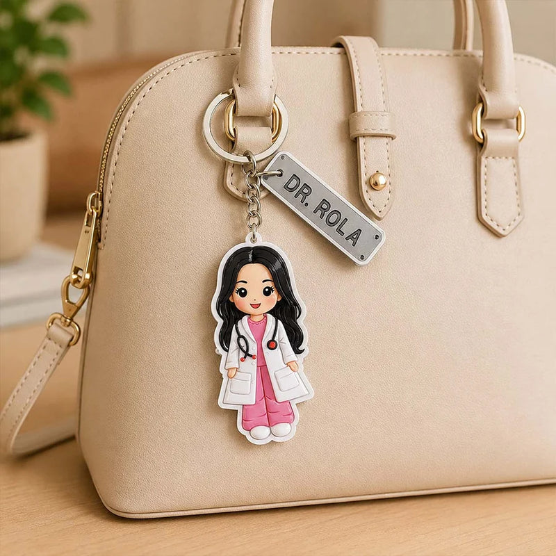 Personalized Doctor Cartoon Acrylic Keychain 2x3 Inch | Custom Name Keyring Gift for Doctors