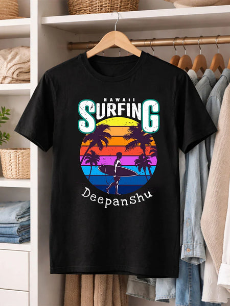 Personalized Hawaii Surfing Black T-Shirt