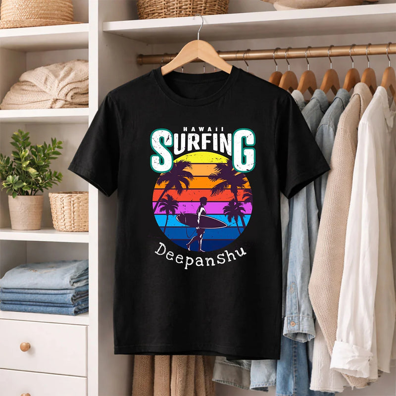Personalized Hawaii Surfing Black T-Shirt