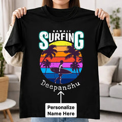 Personalized Hawaii Surfing Black T-Shirt