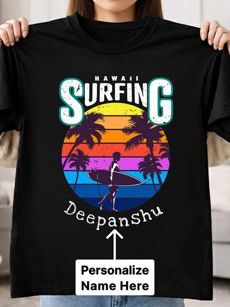 Personalized Hawaii Surfing Black T-Shirt