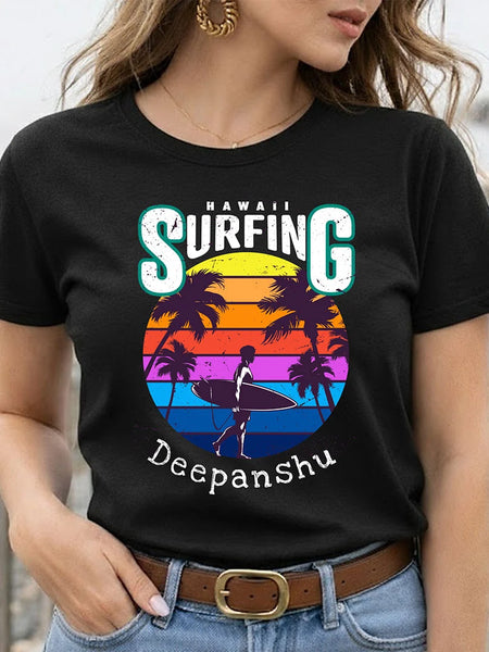 Personalized Hawaii Surfing Black T-Shirt