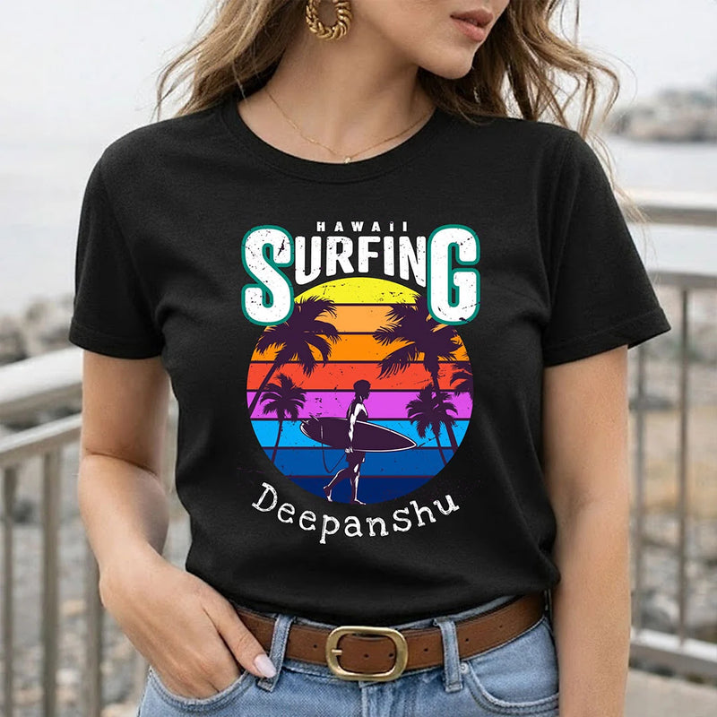 Personalized Hawaii Surfing Black T-Shirt