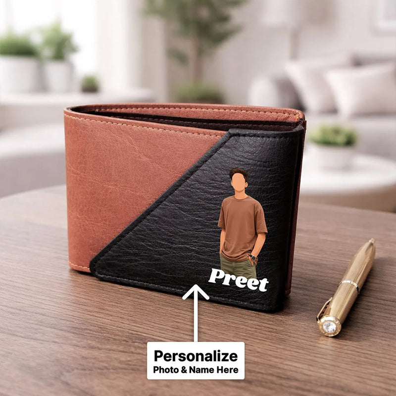 Personalized Men’s Black & Tan Bi-Fold Wallet for Boys, Husband & Boyfriend