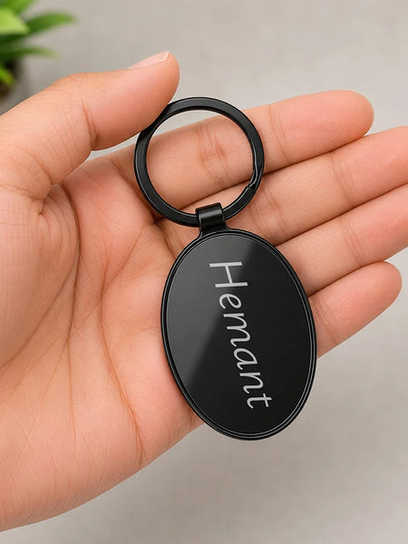 Personalized Oval Metal Keychain | Custom Name Keyring | Premium Black Metal Key Holder