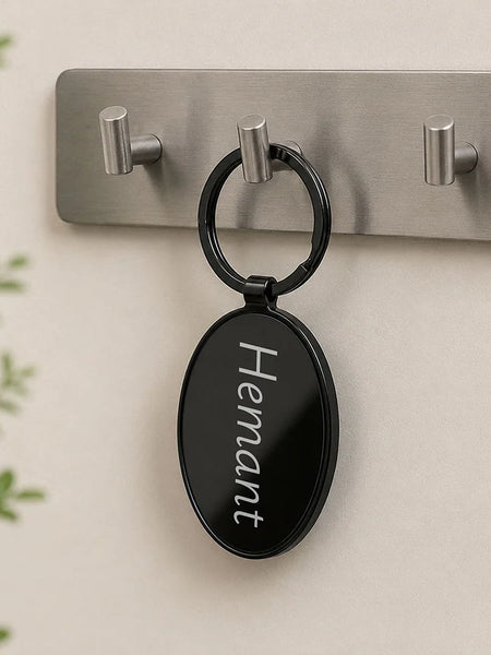 Personalized Oval Metal Keychain | Custom Name Keyring | Premium Black Metal Key Holder