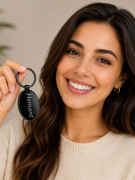 Personalized Oval Metal Keychain | Custom Name Keyring | Premium Black Metal Key Holder