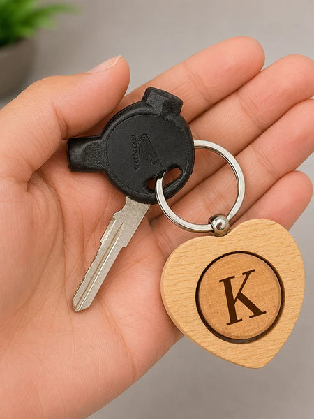 Personalized Wooden Initial Heart Keychain | Premium Wooden Alphabet Key Holder