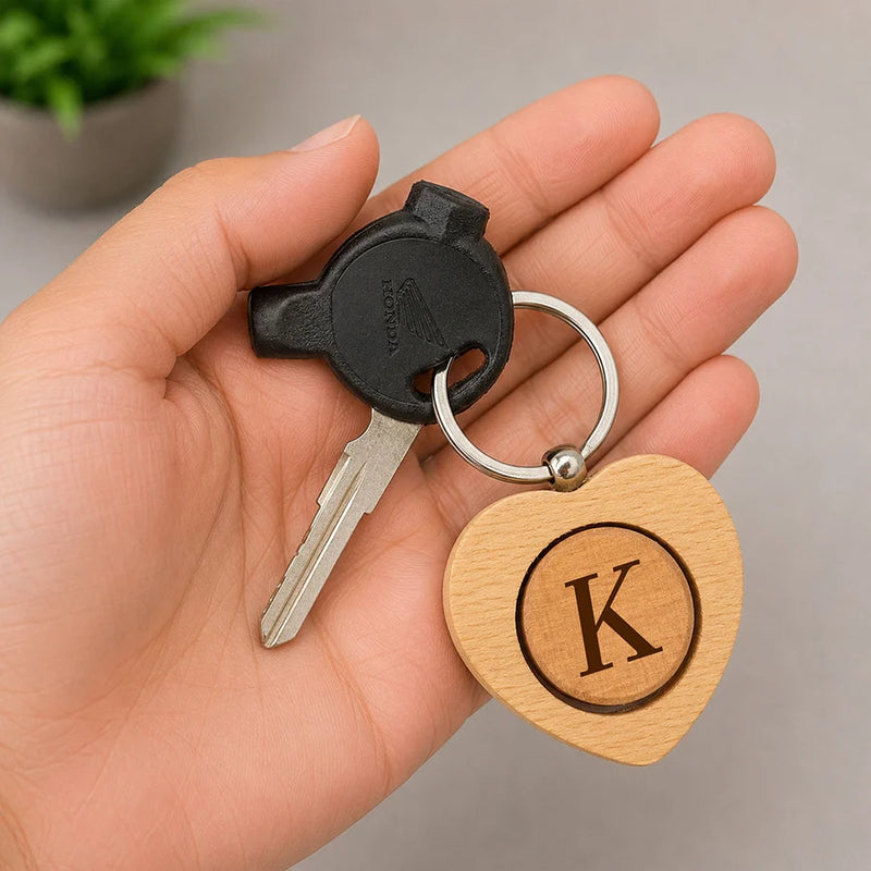 Personalized Wooden Initial Heart Keychain | Premium Wooden Alphabet Key Holder