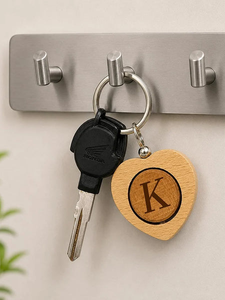 Personalized Wooden Initial Heart Keychain | Premium Wooden Alphabet Key Holder