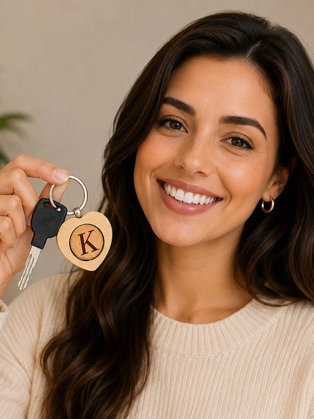 Personalized Wooden Initial Heart Keychain | Premium Wooden Alphabet Key Holder