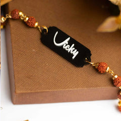Black Acrylic Rakhi | Personalized Name Rudraksha Rakhi for Brother