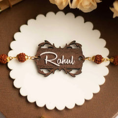 Wooden Inner Design Rakhi | Personalized Name Rudraksha Rakhi for Brother