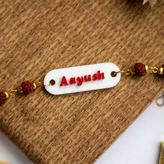 White Acrylic Rakhi | Personalized Name Rudraksha Rakhi for Brother