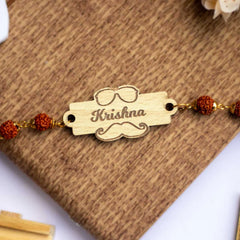 Moustache Engraved Rakhi | Personalized Name Rudraksha Rakhi for Brother