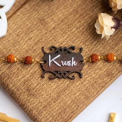Wooden Outer Design Rakhi | Personalized Name Rudraksha Rakhi for Brother