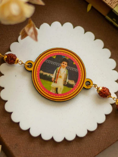 Personalized Name Rudraksha Rakhi for Brother With Photo