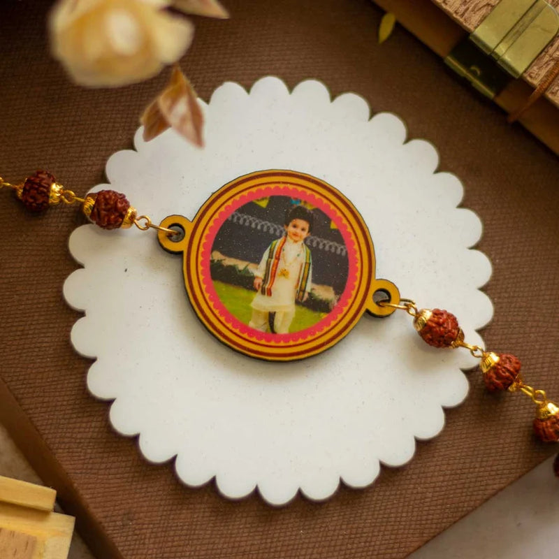Personalized Name Rudraksha Rakhi for Brother With Photo