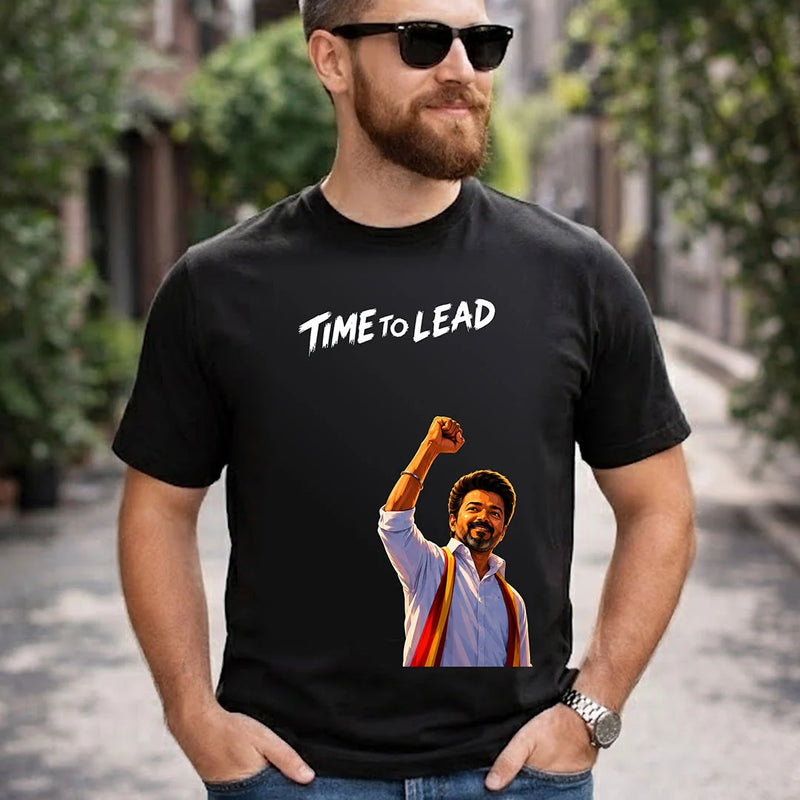 Time To Lead Vijay Leadership Graphic T-Shirt for Men & Women | Tamil Pride Political Streetwear Fan Tee - Black